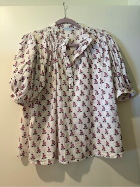 Le Bazaar Coastal Eloise Cotton Blouse - White with Pink Roses